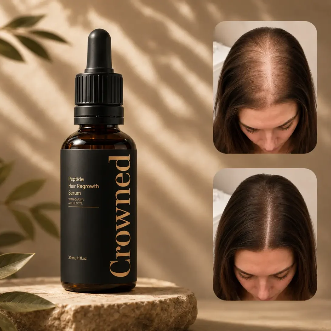 Crowned hair serum dropper bottle with Copper Tripeptide-1 for thinning hair